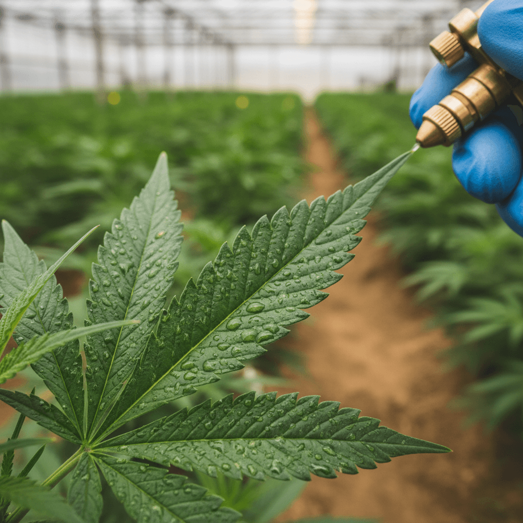 hemp leaf with nutrient droplets applied