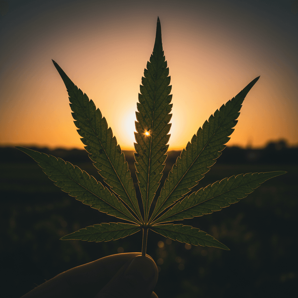 Close-up of healthy hemp leaf backlit by sunset