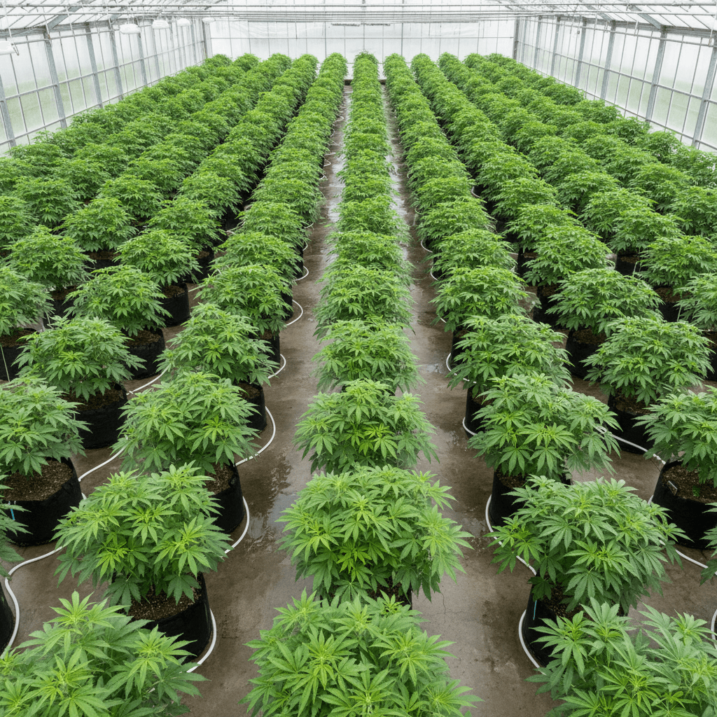 Greenhouse hemp crop showing uniform plant growth under diffused light