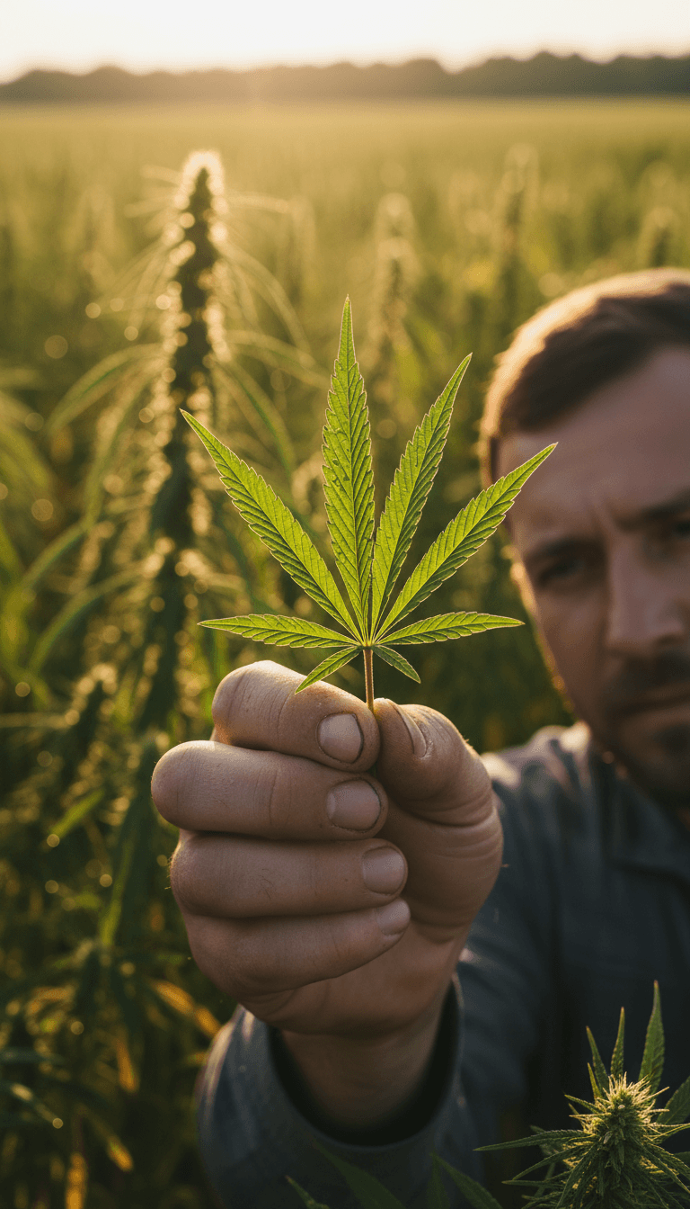 Close-up of a hemp leaf held against morning sunlight in a field