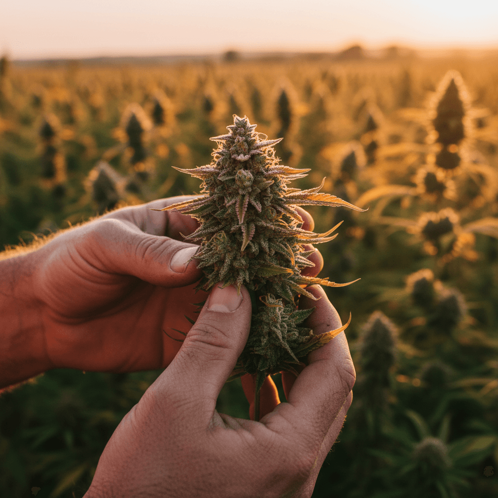 Farmer inspecting hemp flower bud at flowering stage