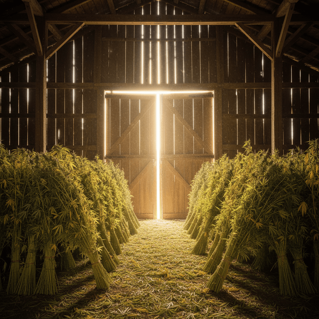 Harvested hemp stalks drying in a barn with natural light