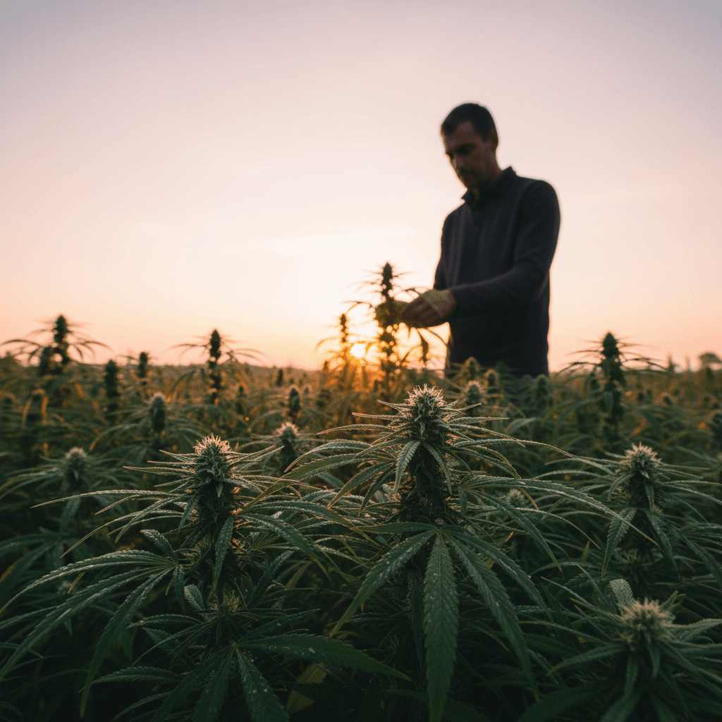 Farmer walking through mature hemp field at sunrise
