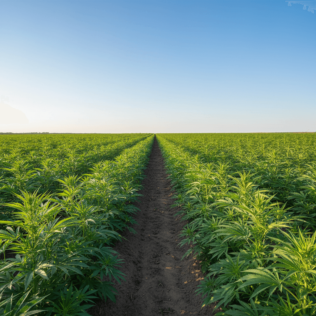 Hemp field at vegetative stage with tall healthy plants in neat rows
