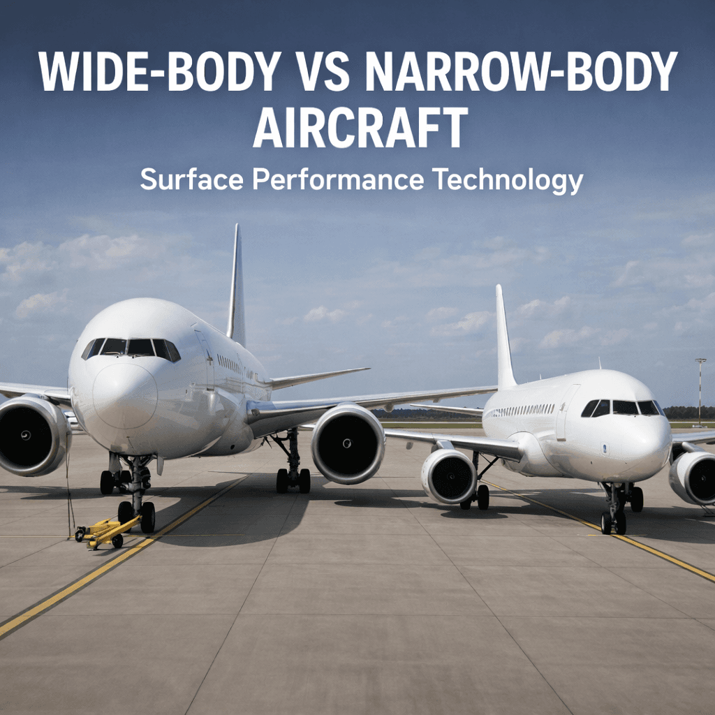 Large wide-body and smaller narrow-body aircraft parked together on an airport tarmac for comparison.