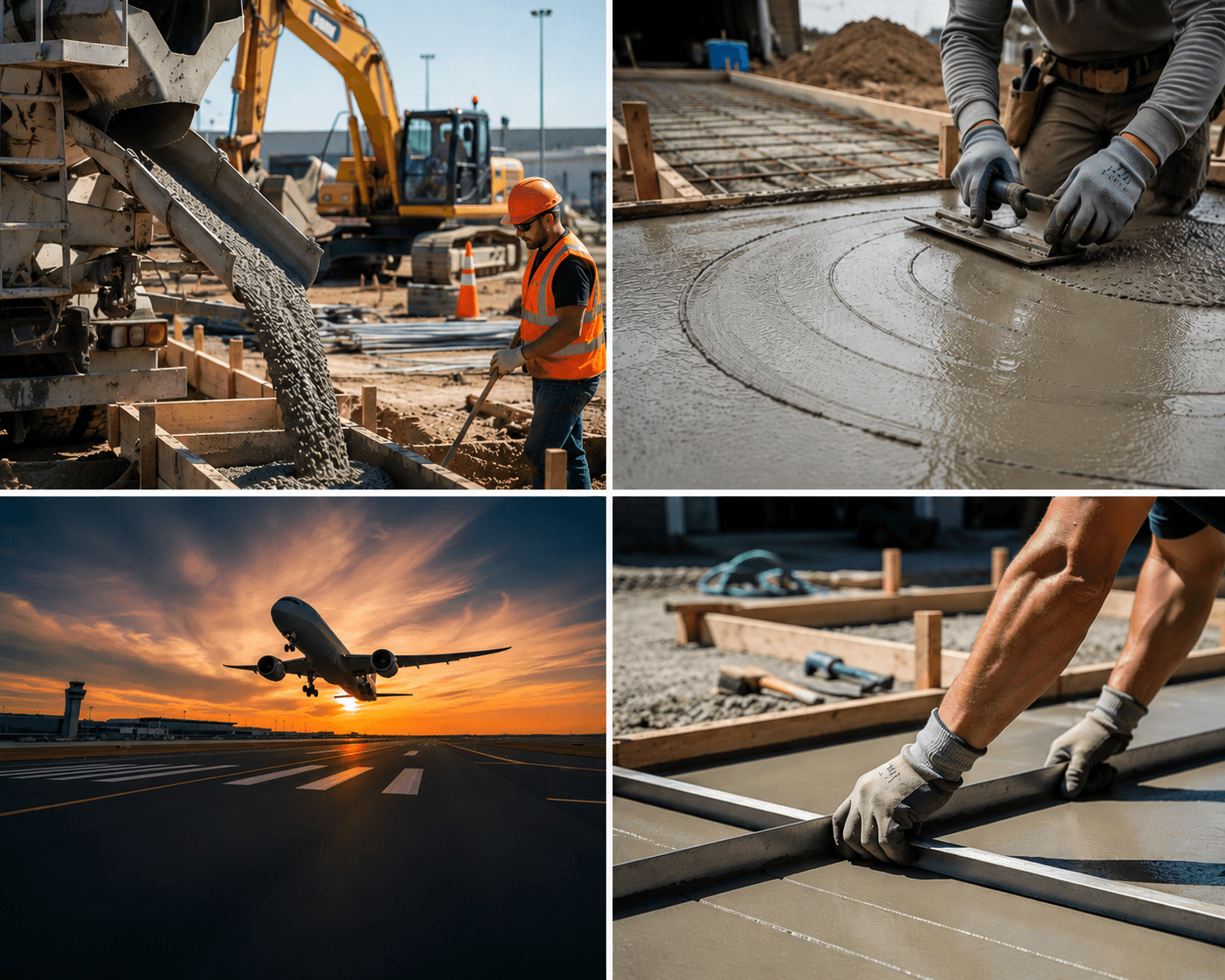 Construction workers pouring and finishing concrete, and an airplane taking off into a sunset sky.