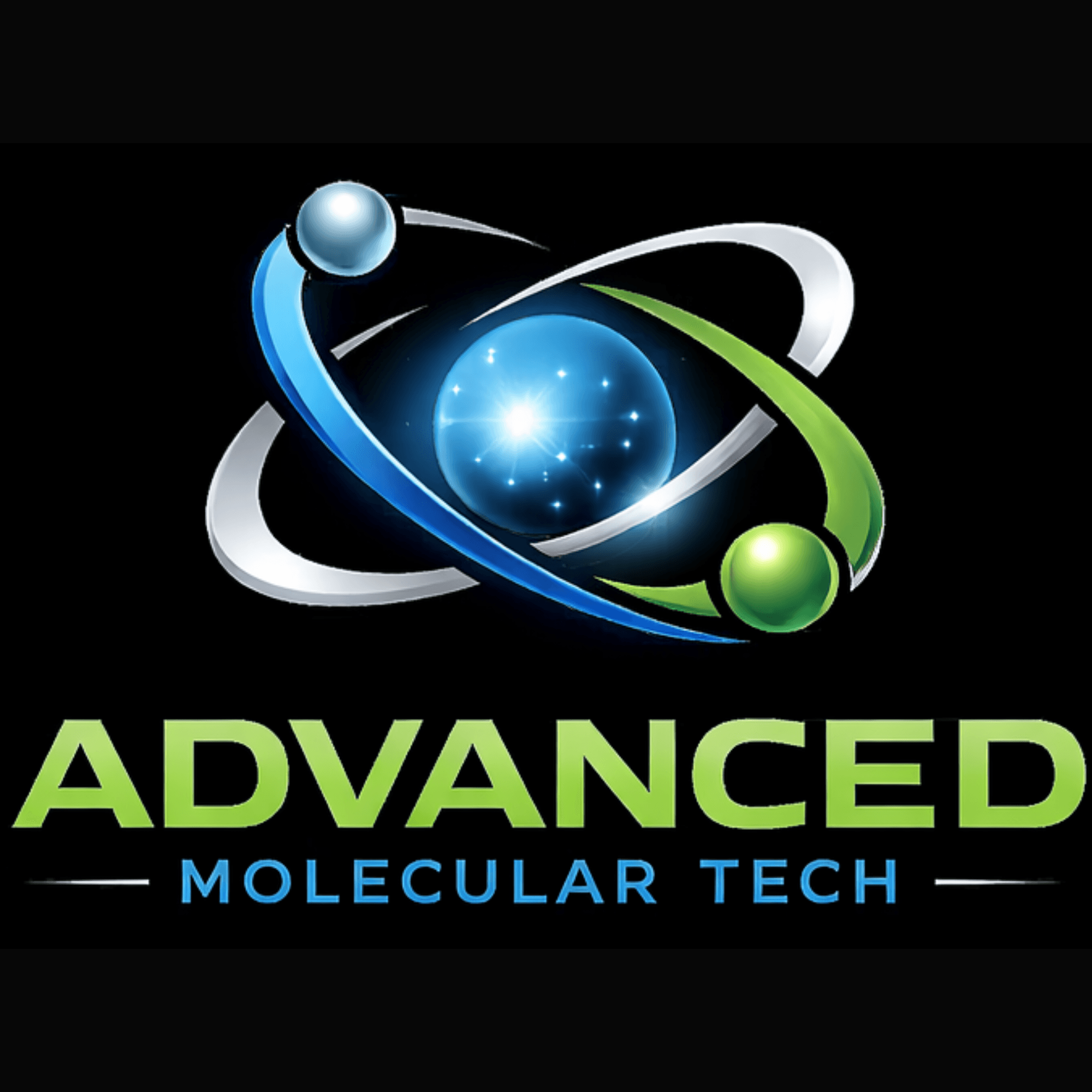 Advanced Molecular Tech logo featuring a glowing blue atom with green and blue orbital paths.